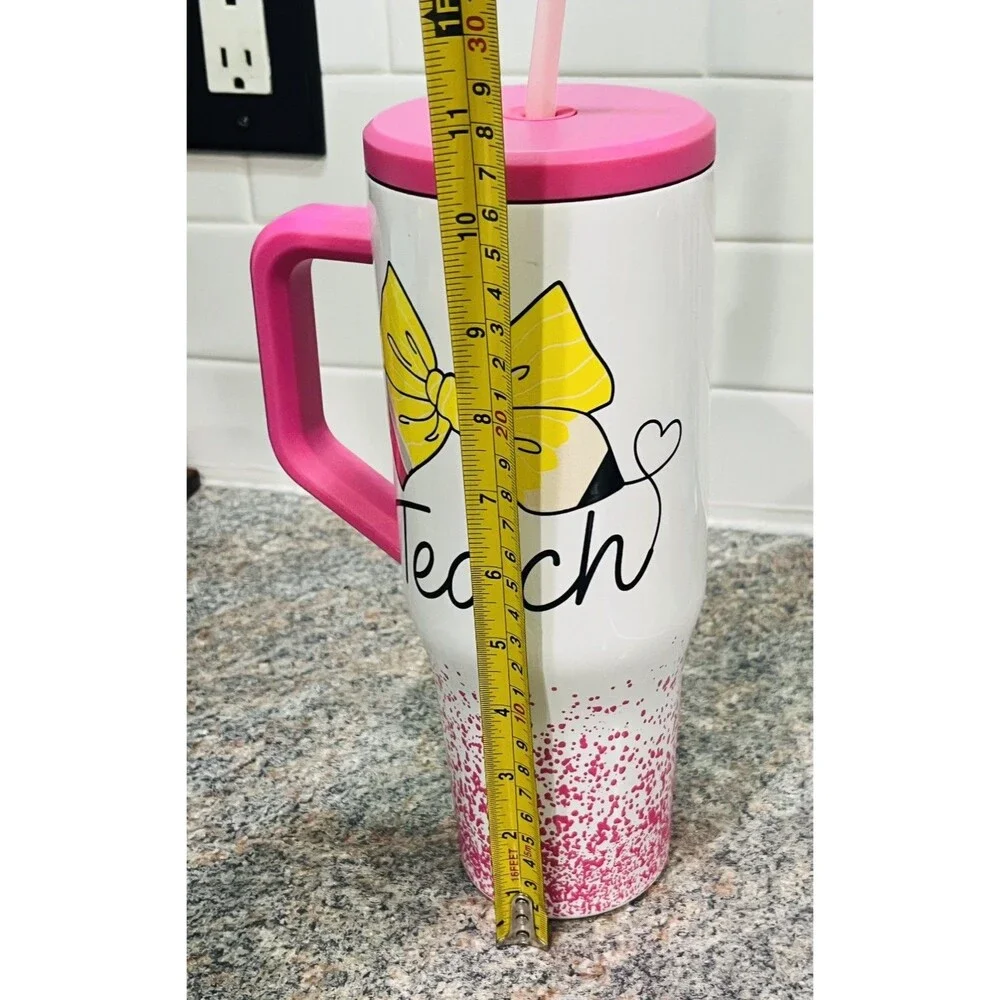 Pink Teacher Stainless Steel Tumbler Cup Mug Teach Pencil Heart Lid Straw 35 Oz